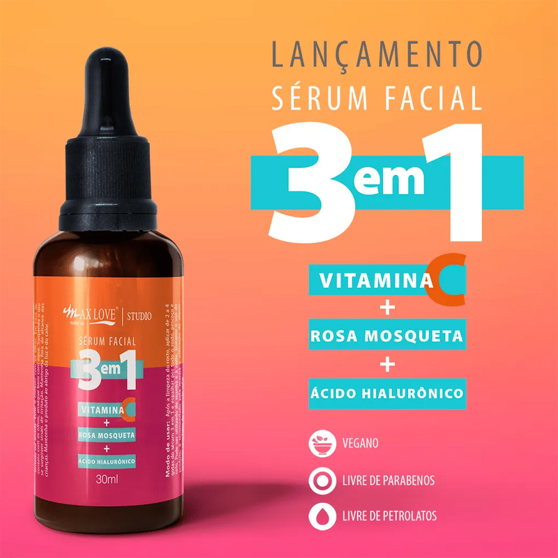 Sérum Facial Vitamina C 3 em 1 Ácido Hialurónico Rosa Mosquito 30ml - Max Love