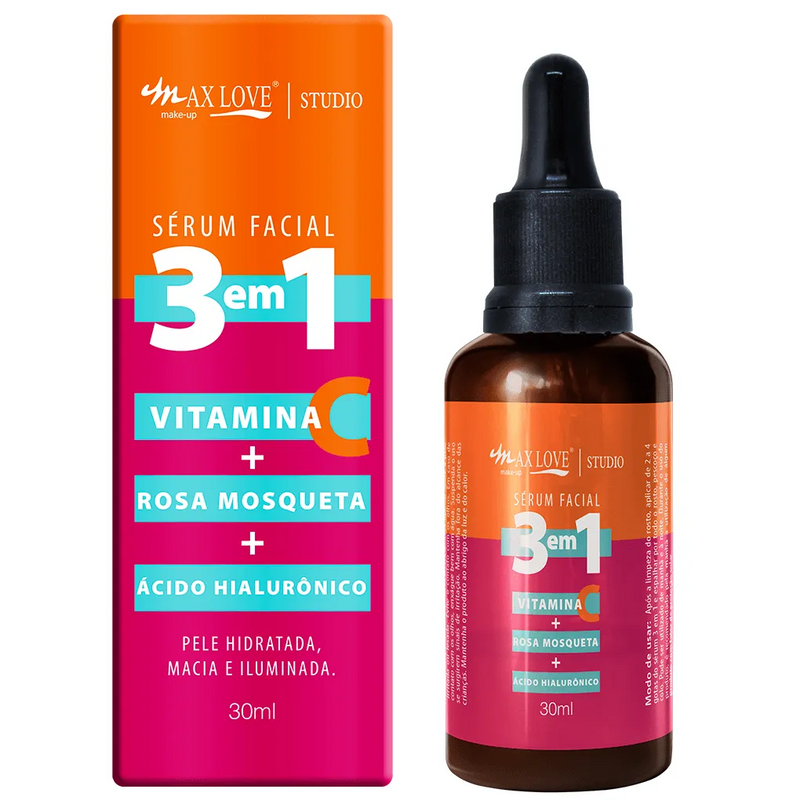 Sérum Facial Vitamina C 3 em 1 Ácido Hialurónico Rosa Mosquito 30ml - Max Love