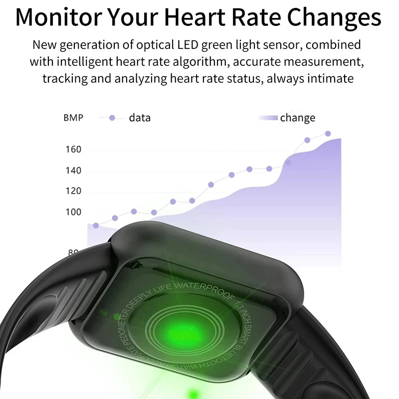 Relógio Smartwatch, frequência cardíaca, passos, calorias fitness e rastreamento. Pulseira esportiva para Apple e android